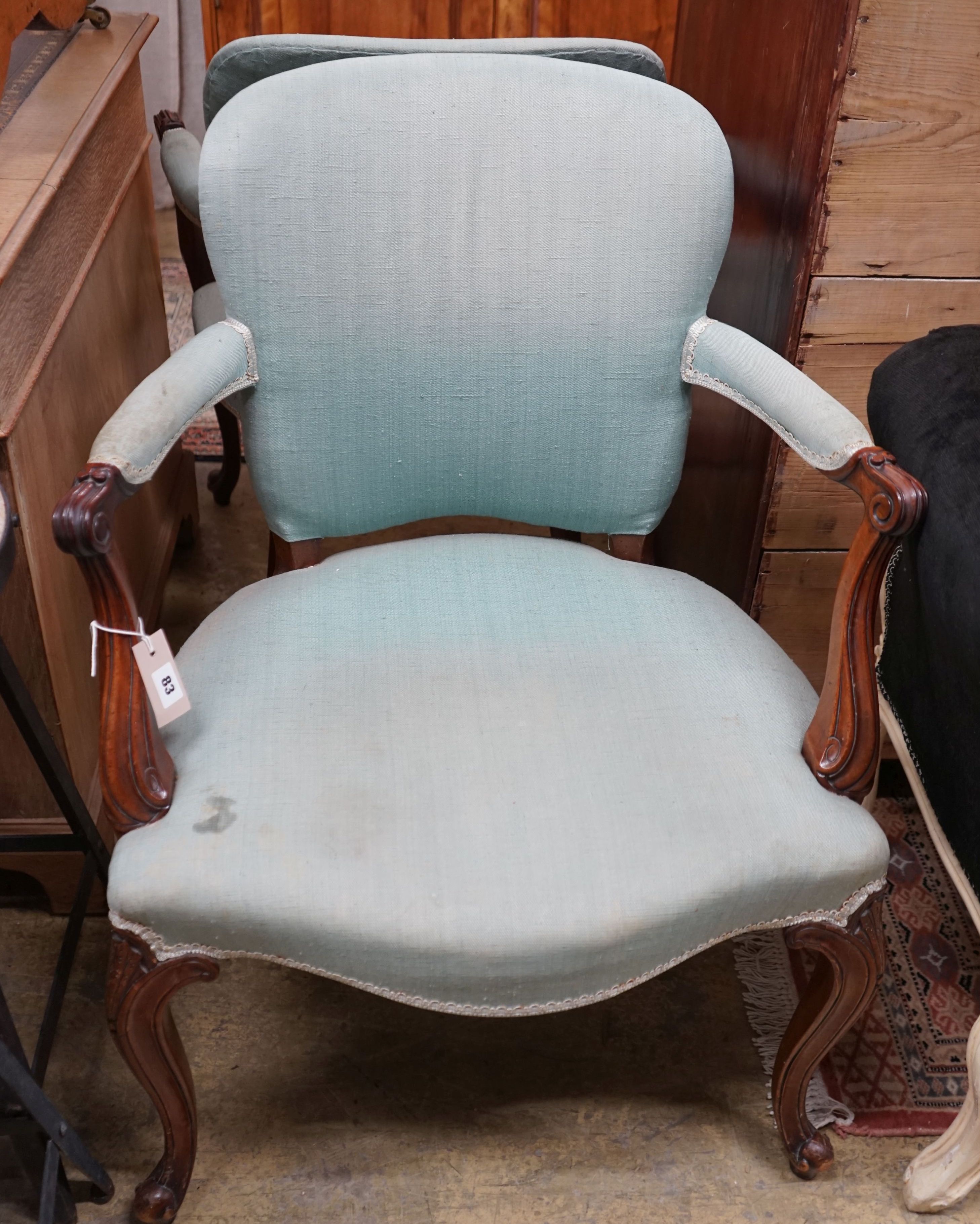 A pair of French Hepplewhite style mahogany open elbow chairs, width 65cm, depth 52cm, height 88cm